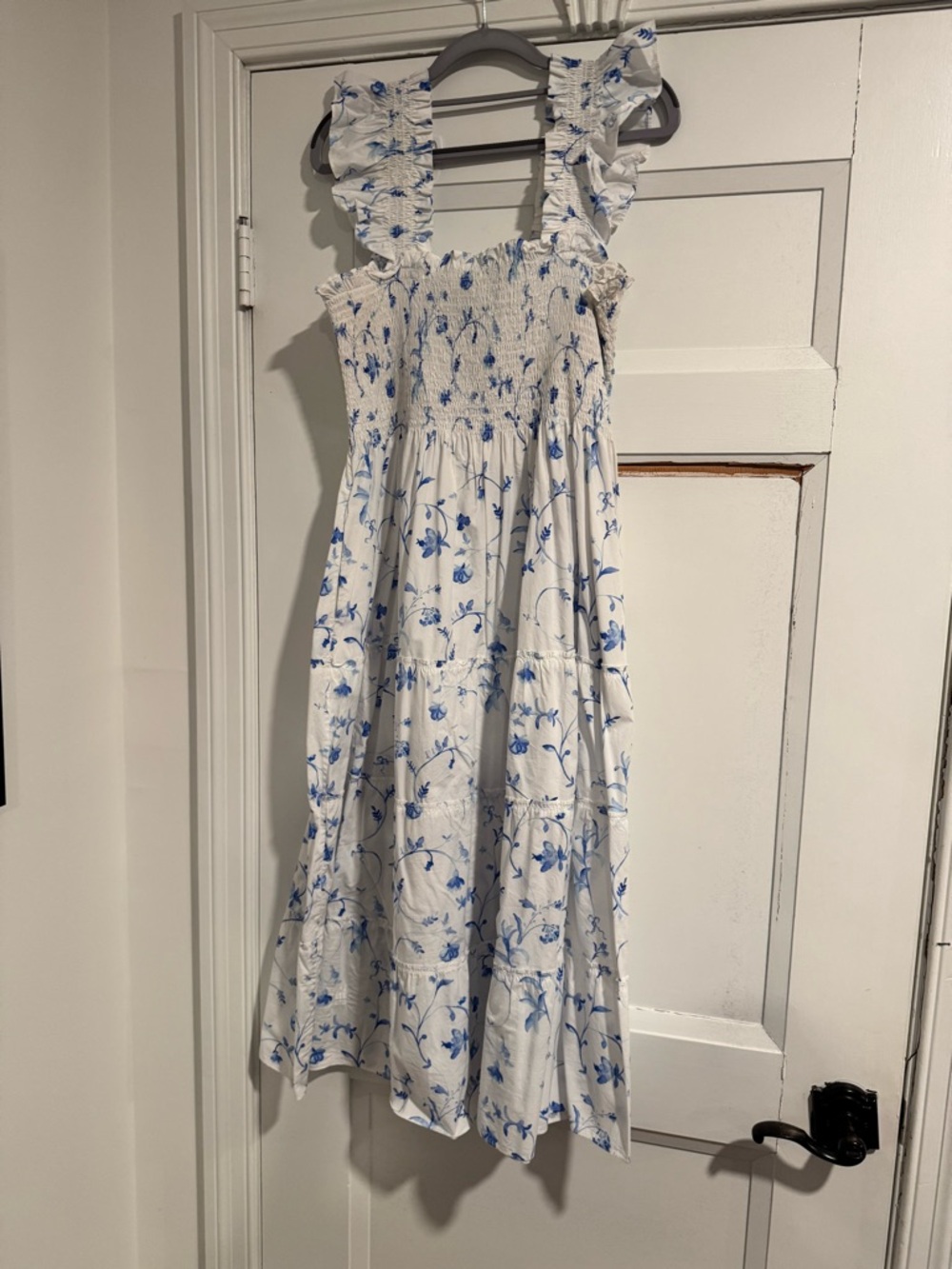 Hill House White and Blue Floral Ruffle-Strap Sundress